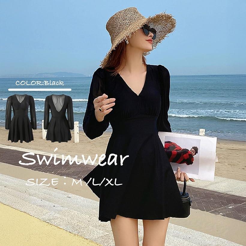 ジーティアモ 水着 レディース 体型カバー ワンピース オールインワン シースルー フリル スカート パッド付 取り外し可 かわいい おしゃれ 可愛い 一体型 おーるいんわん わんぴーす れでぃーす みずぎ 無地(ブラック, LL)
