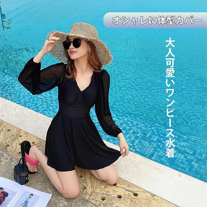 ジーティアモ 水着 レディース 体型カバー ワンピース オールインワン シースルー フリル スカート パッド付 取り外し可 かわいい おしゃれ 可愛い 一体型 おーるいんわん わんぴーす れでぃーす みずぎ 無地(ブラック, LL)