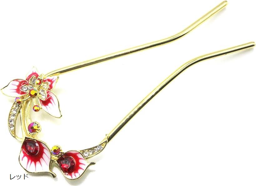 ミャオミャオ 簪 かんざし バチ型 髪飾り 和装 留袖 着物 金属 アンティーク ペア カップル ちょうちょ 蝶 フラワー 花 ゴールド ヘアアクセサリー(レッ...