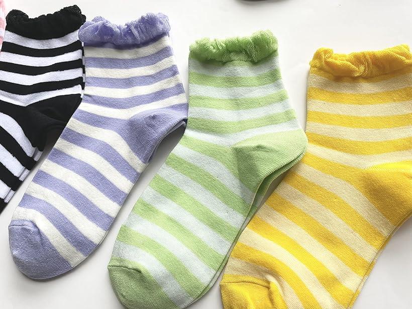 ソックス レディース おしゃれ 薄手 夏用 靴下 柄ソックス 綿混 10足セット (ボーダー柄A, 23-25)