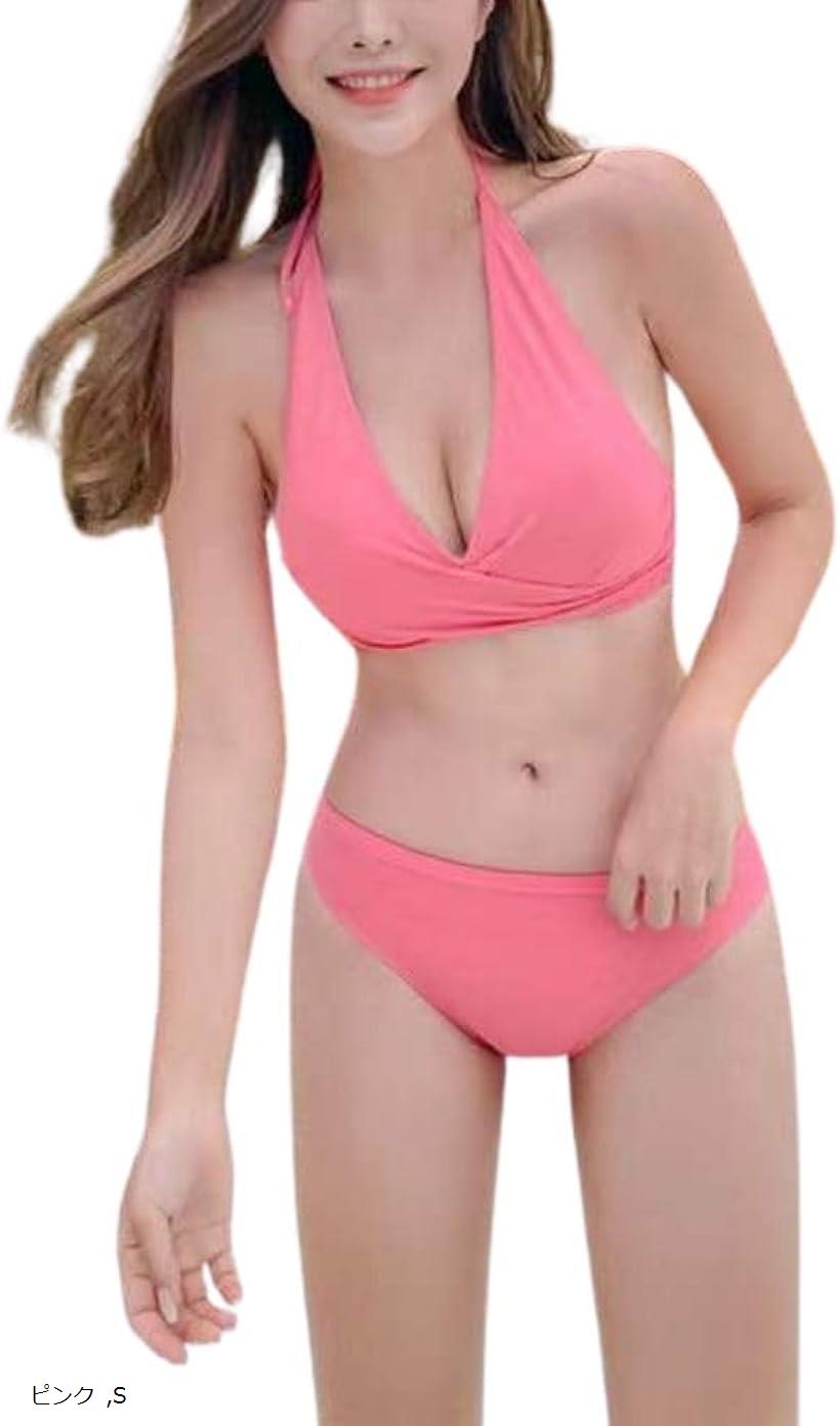 ホルターネック ビキニ レディース クロスデザイン インスタ映え 華奢見え 盛れる水着 メリハリボディ 2点セット 大人 かわいい ビーチ ナイトプール(ピンク, S)