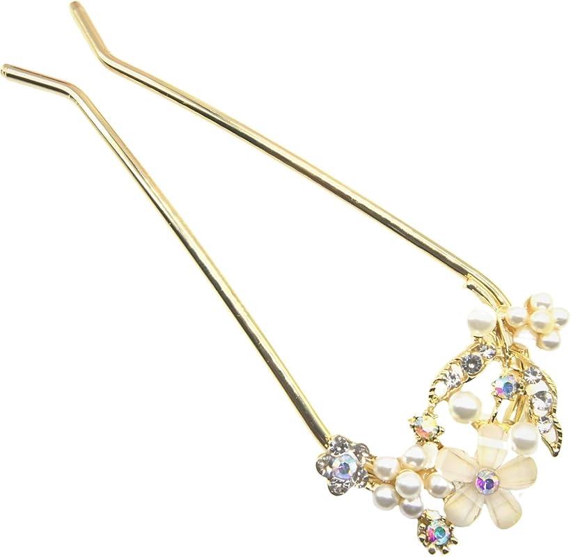 ミャオミャオ 簪 かんざし バチ型 髪飾り 和装 留袖 着物 金属 アンティーク フラワー 花 パール ビジュー U字 コーム ヘアアクセサリー (gold, ...