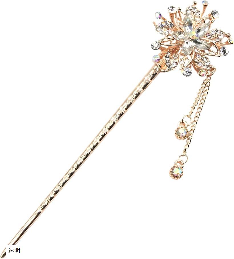 ミャオミャオ 簪 かんざし 一本 和装 留袖 着物 髪飾り ピンクゴールド クリスタル 水晶 フラワー 一輪 花 モチーフ ヘアアクセサリー (透明, ワンサイ...