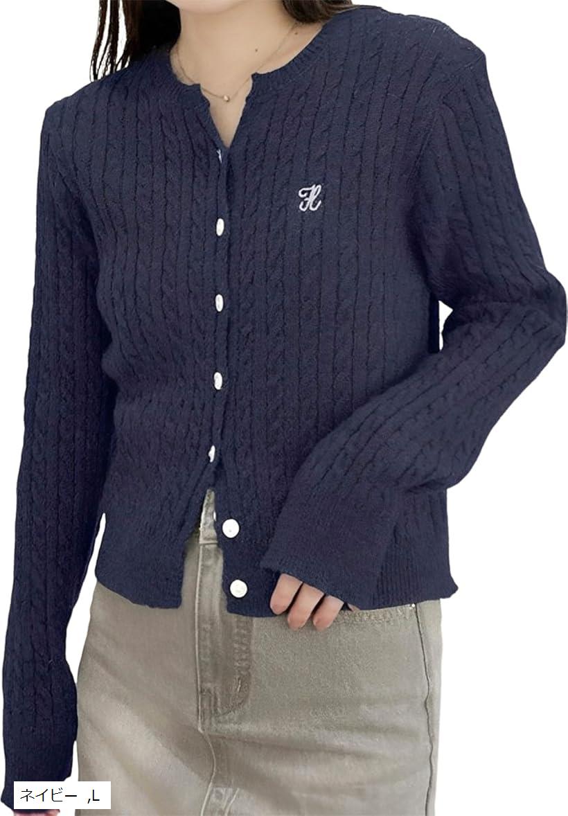 ニューネ キーネック ケーブル ニット カーディガン ベーシック シンプル ワンポイント 秋 冬 畦編み ..