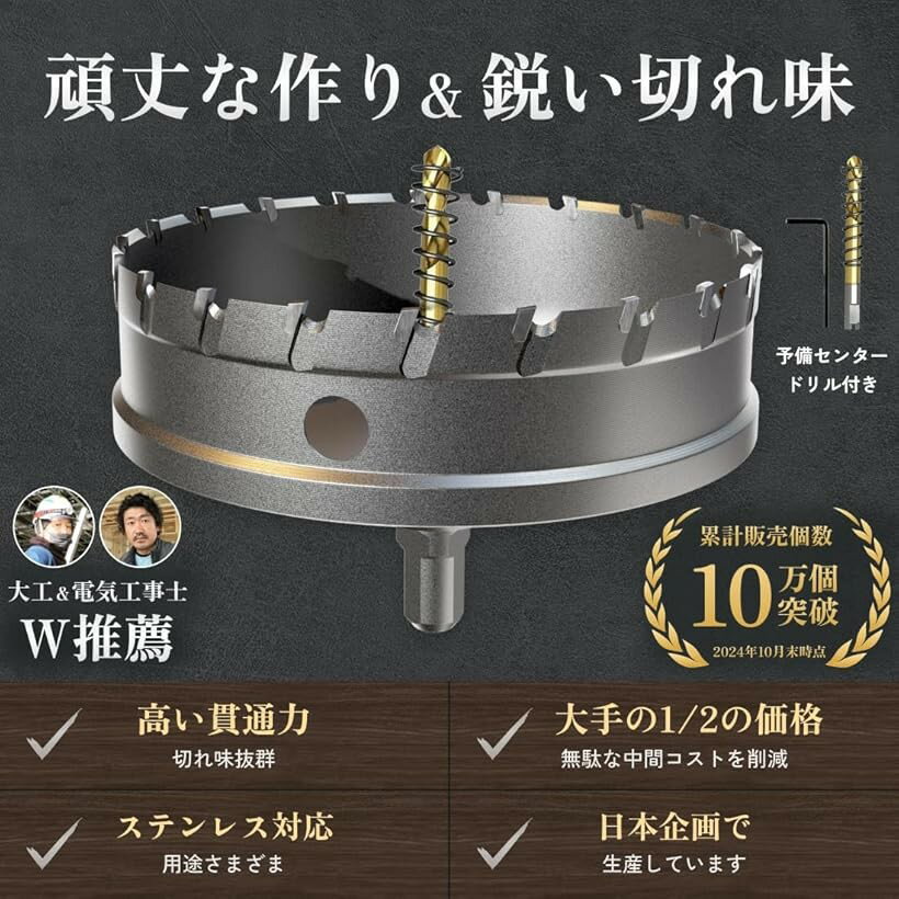 互換品現役電気工事士・大工推薦＆監修超硬 ステンレス ホールソー 穴あけ 電動ドリル ホルソー ホールカッター (65mm)