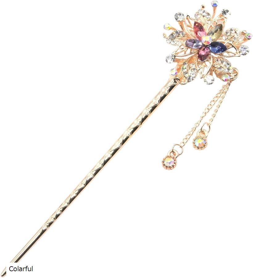 ミャオミャオ 簪 かんざし 一本 和装 留袖 着物 髪飾り ピンクゴールド クリスタル 水晶 フラワー 一輪 花 モチーフ ヘアアクセサリー (Colarful...