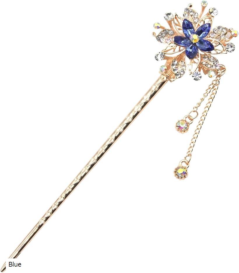 ミャオミャオ 簪 かんざし 一本 和装 留袖 着物 髪飾り ピンクゴールド クリスタル 水晶 フラワー 一輪 花 モチーフ ヘアアクセサリー (Blue, ワン...