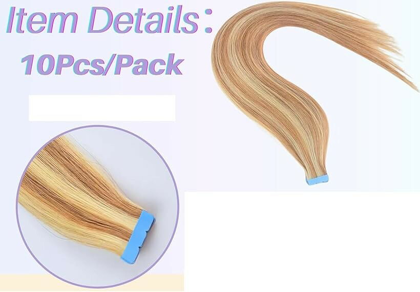 Extension - 人毛 シールエクステ M tape hair レミーエクステ カラー ウィッグ エクステンション 10本 P27-613# 14inch 35cm (P27-613#, 14inch(35cm))