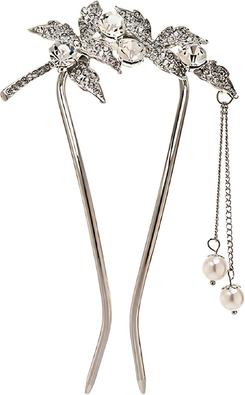 ミャオミャオ 簪 かんざし バチ型 和装 留袖 着物 浴衣 髪飾り 金属 アンティーク 楓 かえで リーフ フラワー 花 パール ジルコニア U字 コーム ヘア...