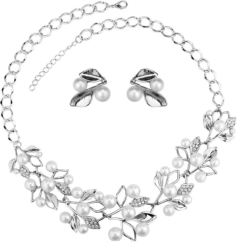 ミャオミャオ ネックレス ピアス セット ホワイト パール ビジュー リーフ フラワー 花 アクセサリー レディース プレゼント(シルバー, 大きめ)