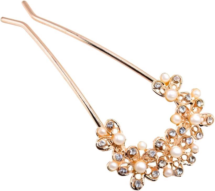 ミャオミャオ 簪 かんざし バチ型 髪飾り 和装 留袖 着物 浴衣 金属 パール ジャスミン 花 Uコーム ヘアアクセサリー(シルバー, ワンサイズ)