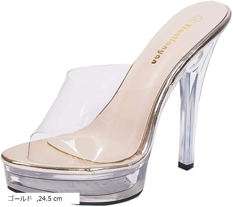 ハイヒール クリア サンダル ミュール ピンヒール オープントゥ 厚底ヒール 歩きやすい 13cm キャバ嬢 レディース (ゴールド, 24.5 cm)