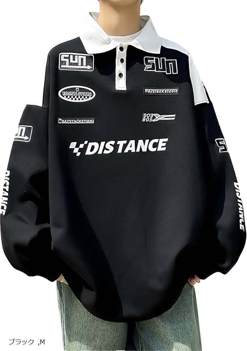 メンズ ポロシャツ 長袖 大きめ スポーティー ルームウェア 家着 おしゃれ オシャレ ストリート 大人用 5S-B01-BKM (ブラック, M)