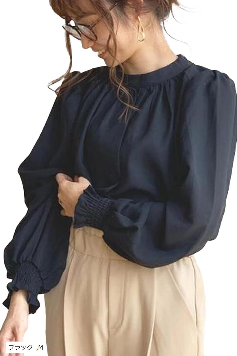 Long-Sleeved - ブラウス レディース 長袖 パフスリーブ オフィス 速乾性 しわになりにくい (ブラック, M)