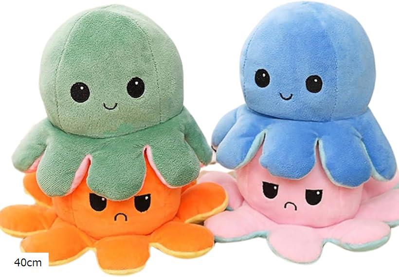 タコ ぬいぐるみ かわいい おもちゃ リバーシブル 人形 子供 彼女 友達 誕生日 プレゼント 笑顔 怒り顔 表情が変わる 癒される (水色 ピンク, 40cm)
