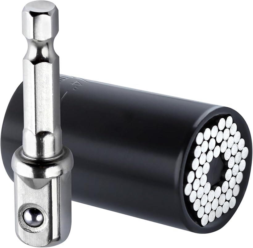 互換品 2点セット ソケット 7～19mm 1/4～3/4インチ対応 ユニバーサルソケット ソケットレンチ グリッパー ドリルアダプター ユニバーサルソケットツール ユニバーサルソケットレンチセット 54本スチールのピン内蔵 (ブラック)