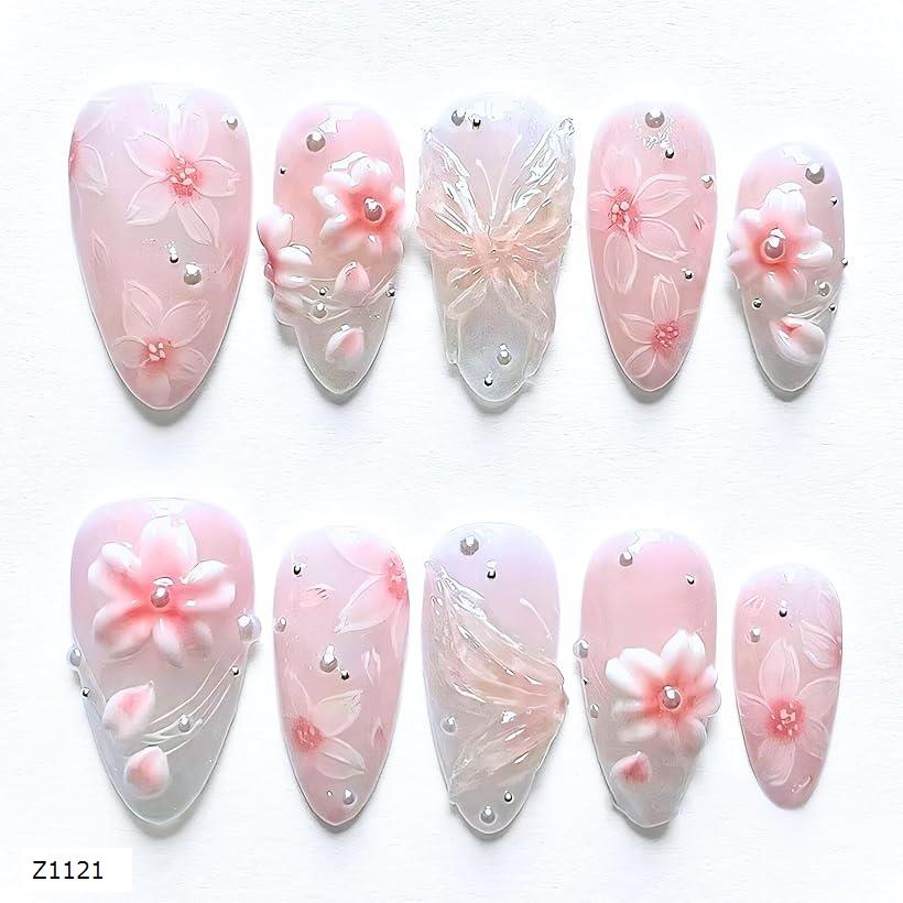 ネイルチップ 桜 チークネイル ミディアム ポイント 立体桜 パール ラインアート ピンク 24枚入り 粘着シール付き ブライダル 卒業式 入学式 春ネイル フェミニン(ピンク, ミディアム)