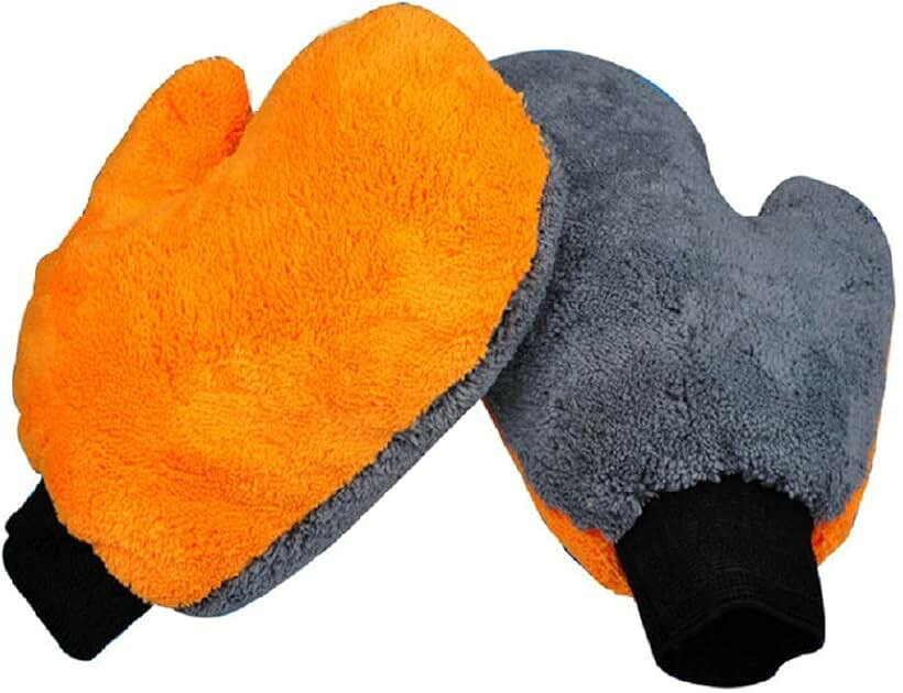 洗車グローブ マイクロファイバー ホコリ取り カーウォッシュ 傷つかない タオル2個 セット (オレンジ, ワンサイズ)