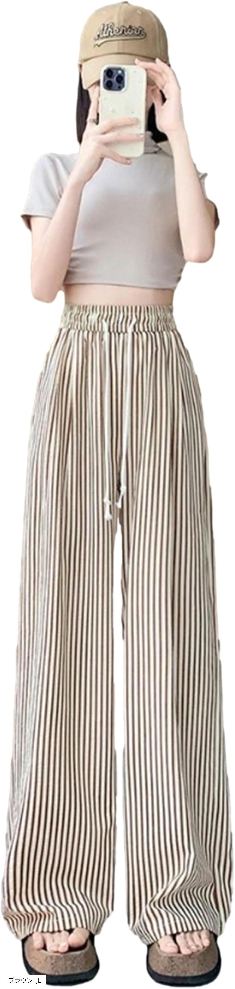 ワイドパンツ ストライプ サラテロ レディース イージー ゆったり 部屋着 体型カバー ウエストゴム ワンマイルウェア リラックス 2カラー ガウチョ ボトム ボトムス (ブラウン, L)