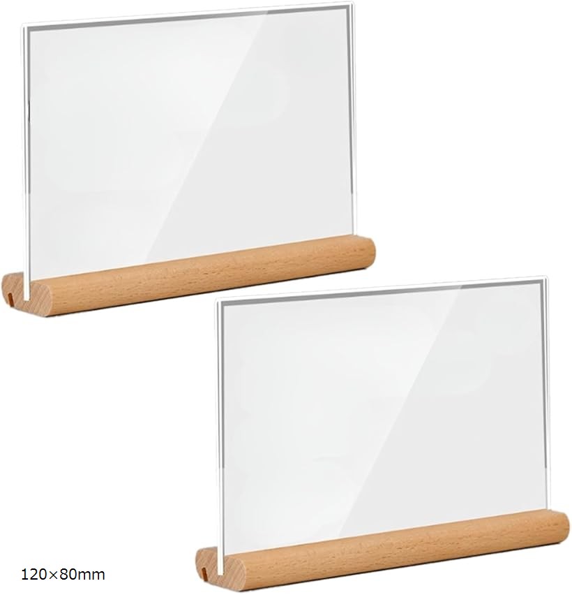 メニュースタンド 卓上 アクリル製 木製ベース シンプル おしゃれ 2個セット (透明, 120x80mm)
