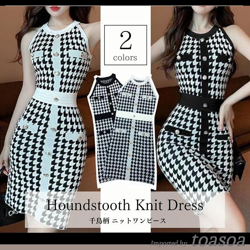 トーアソーア ニット ワンピース ミニ タイト セクシー ノースリーブ 千鳥 格子 柄(ブラック, M)