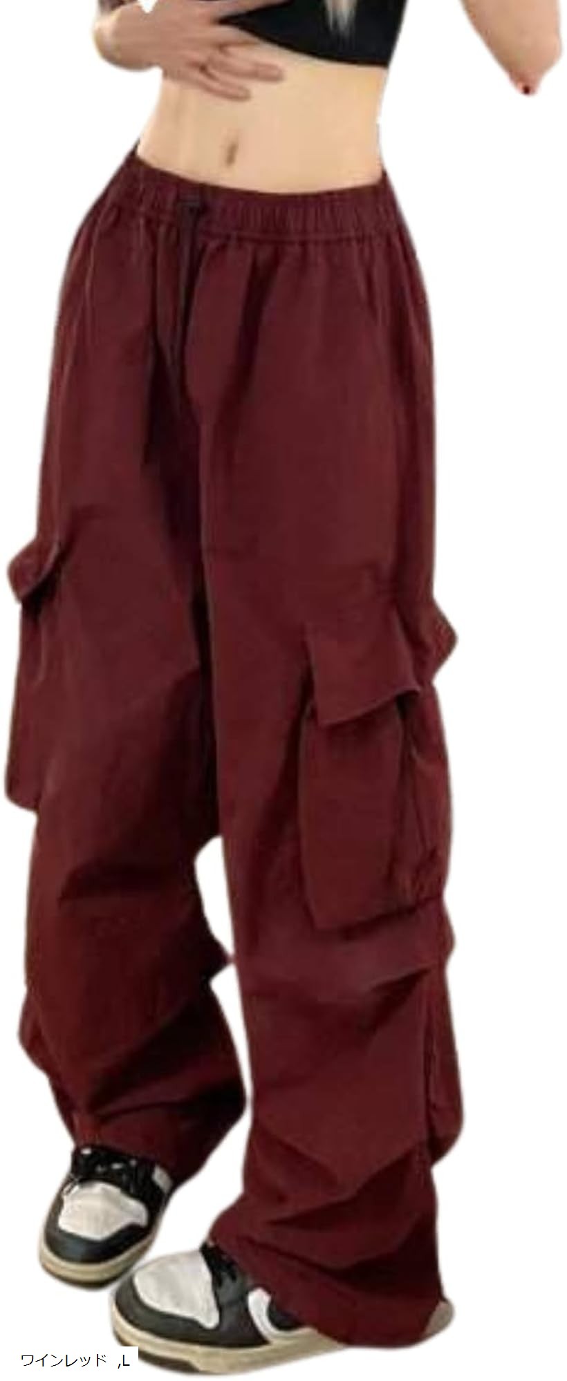 カーゴパンツ ワークパンツ ダンス レディース ワイドサイズ サルエル ハーレム ストリート アウトドア ロング (ワインレッド, L)