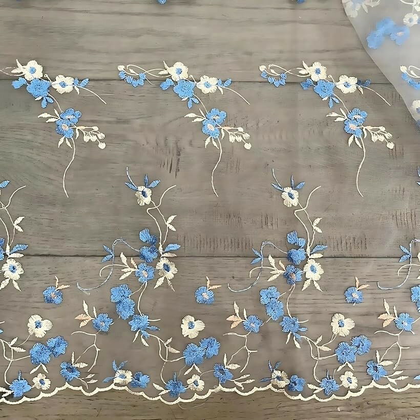 刺繍レース チュール生地 花柄スカラップ裾 幅130x91cm｜ドレス・スカート・撮影背景に映えるふんわりレース布 (ブルー)