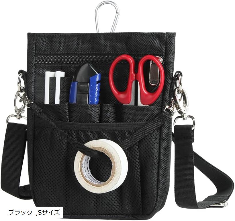 多機能 ウエストポーチ ナースポーチ ウエストバッグ 3way ショルダー マチ付き 文具 工具バッグ 作業用 業務用 看護 介護 事務 ベルト付き 撥水 防傷 13ポケット (ブラック, Sサイズ)