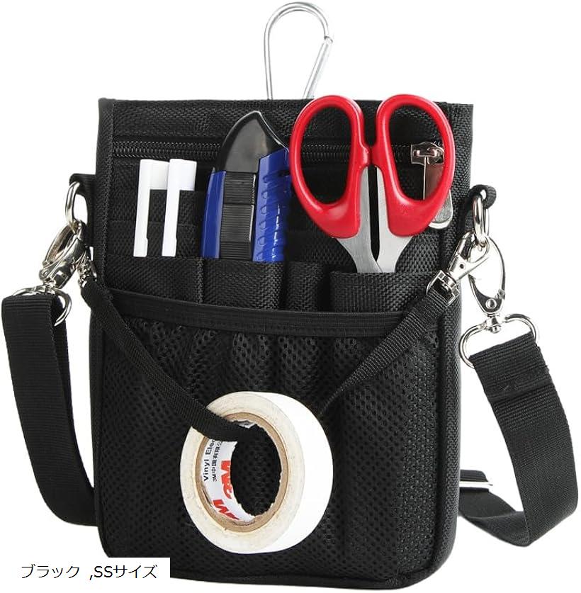 多機能 ウエストポーチ ナースポーチ ウエストバッグ 3way ショルダー マチ付き 文具 工具バッグ 作業用 業務用 看護 介護 事務 ベルト付き 撥水 防傷 13ポケット (ブラック, SSサイズ)
