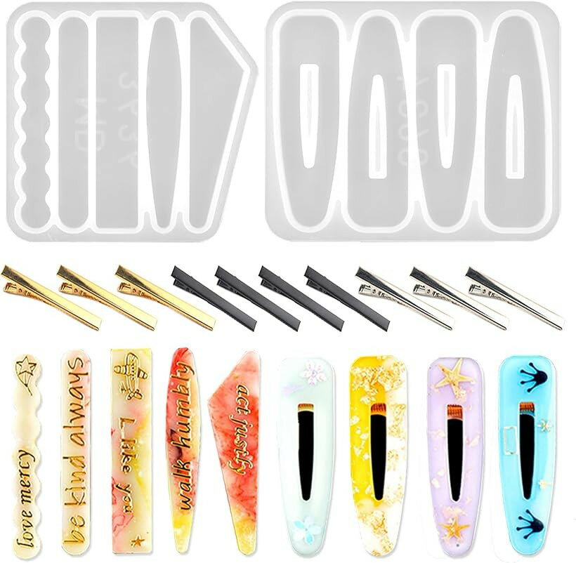 ヘアピン シリコンモールド 2個セット ヘアクリップ レジン 金具クリップ10個付き uv 型 エポキシ樹脂 ソフトモールド ハンドメイド (Cスタイル)