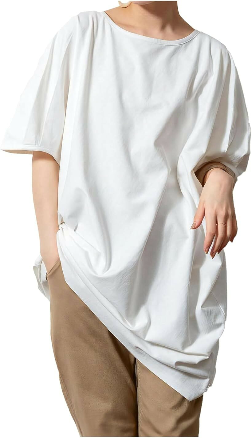 チュニックtシャツ レディース 半袖 春 夏 ゆったり 無地 薄手 綿100 ロング tシャツワンピース 可愛い おしゃれ 部屋着 (ホワイト, LL-3L)