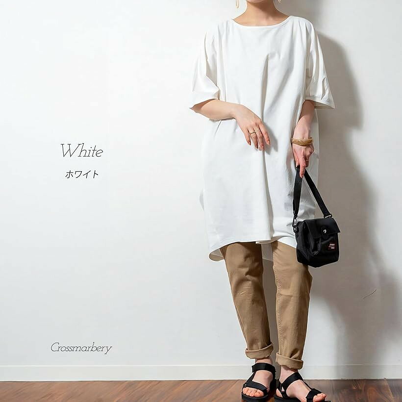 ホリックのチュニックtシャツ レディース 半袖 春 夏 ゆったり 無地 薄手 綿100 ロング tシャツワンピース 可愛い おしゃれ 部屋着 (ホワイト, LL-3L)｜アングル3
