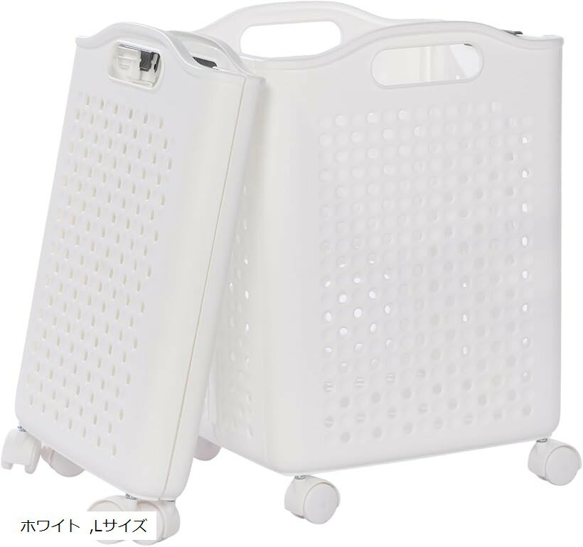 折りたたみ10cmスリムx大容量 ランドリーバスケット 洗濯かご 洗濯物入れ キャスター付き PP素材 丈夫 丸洗い可 (ホワイト, Lサイズ)