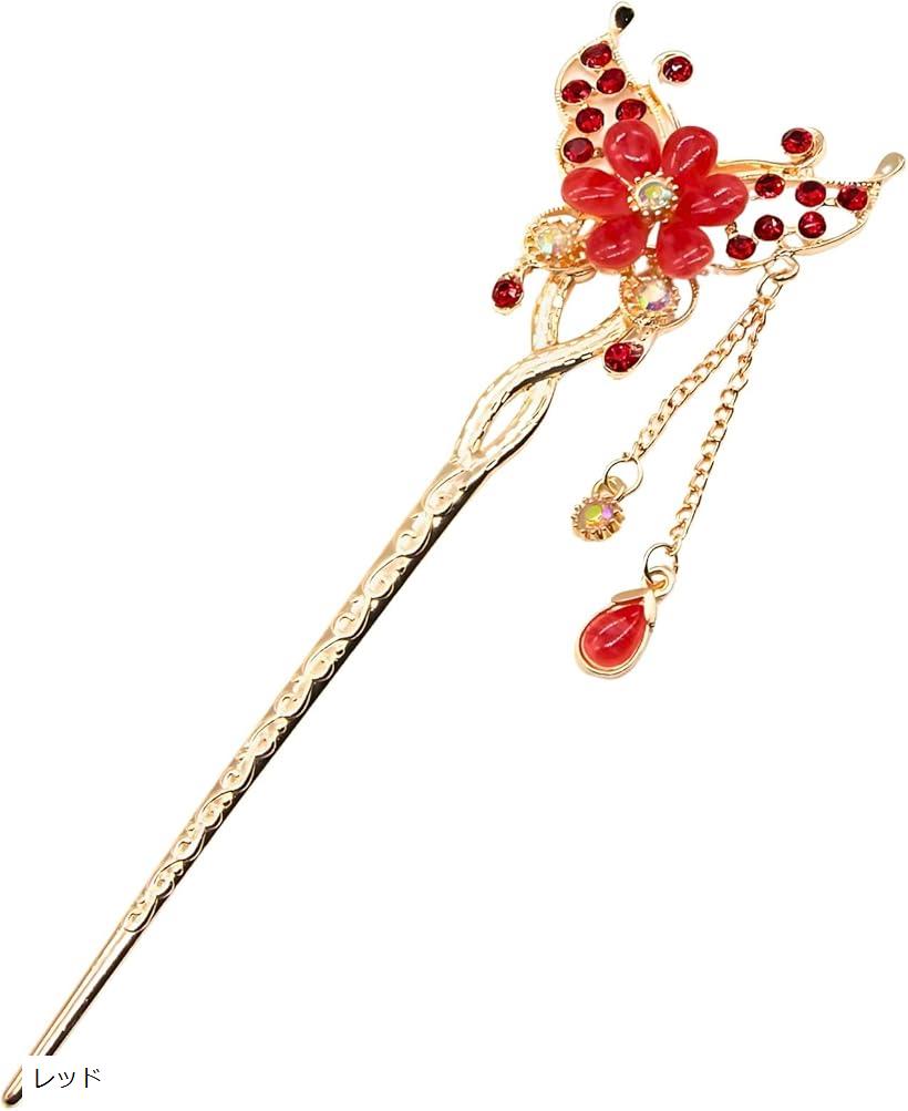 ミャオミャオ 簪 かんざし 一本 髪飾り 和装 留袖 着物 金属 ペア カップル 蝶 ちょうちょ バタフライ フラワー 花 ピンクゴールド ヘアアクセサリー(レ...