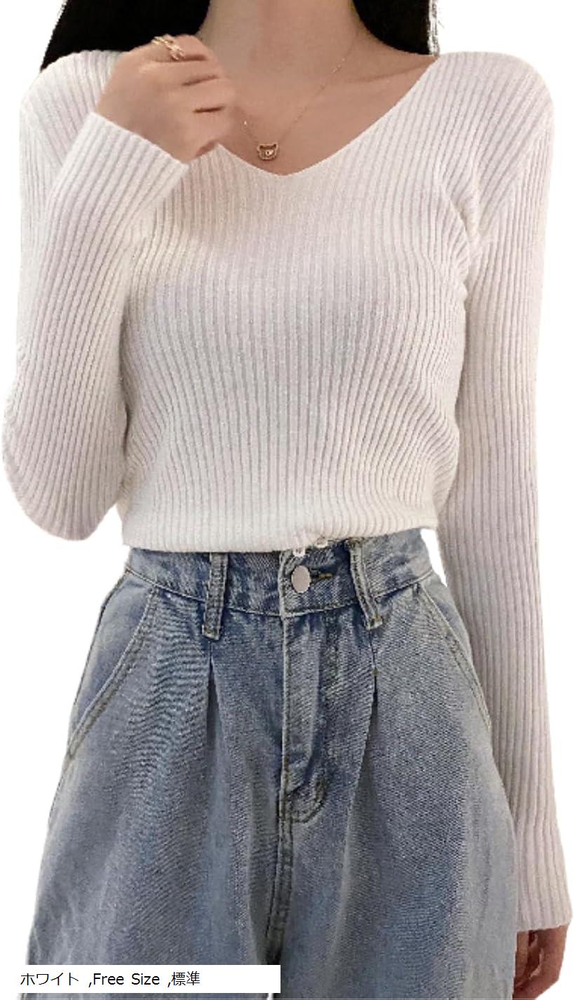 ヘビロテ確定 vネックセーター レディース 薄手 長袖 リブニット トップス インナー ぴったり オフィス..