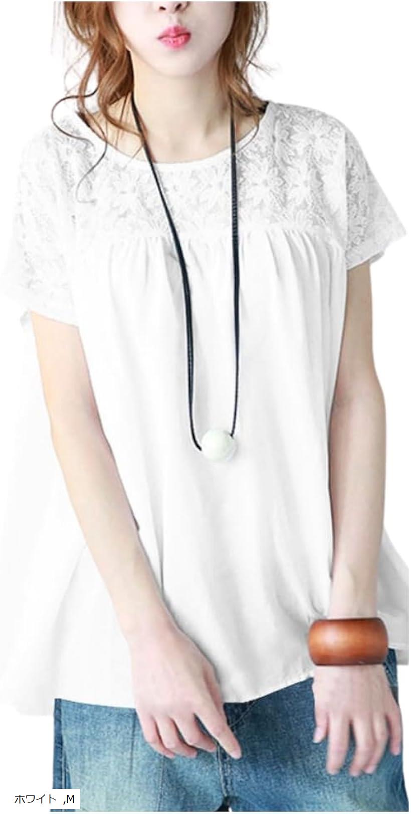 Short Sleeves - レースTシャツ チュニック レディース 半袖 ゆったり トップス Aライン 大人女子 きれいめ カジュアルコーデ 春夏 20代 30代 40代(ホワイト, M)