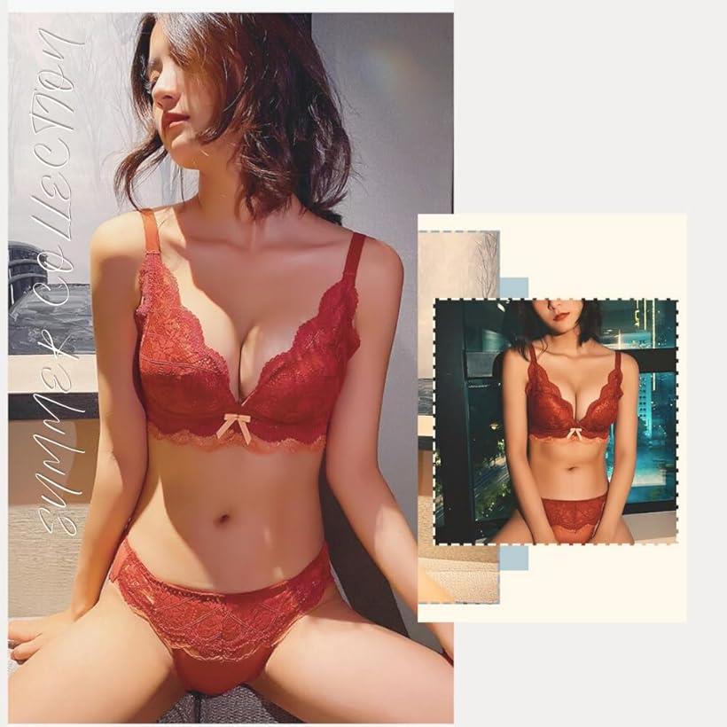 レースブラ＆ショーツ レディース ノンワイヤー リボン付き 大人可愛い 谷間メイク くすみカラー 谷間ブラ セクシー 透け感 リラックス 盛れるランジェリー(アッシュオレンジ, L)