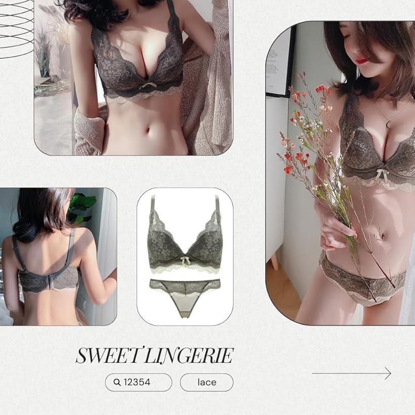 レースブラ＆ショーツ レディース ノンワイヤー リボン付き 大人可愛い 谷間メイク くすみカラー 谷間ブラ セクシー 透け感 リラックス 盛れるランジェリー(アッシュオレンジ, L)