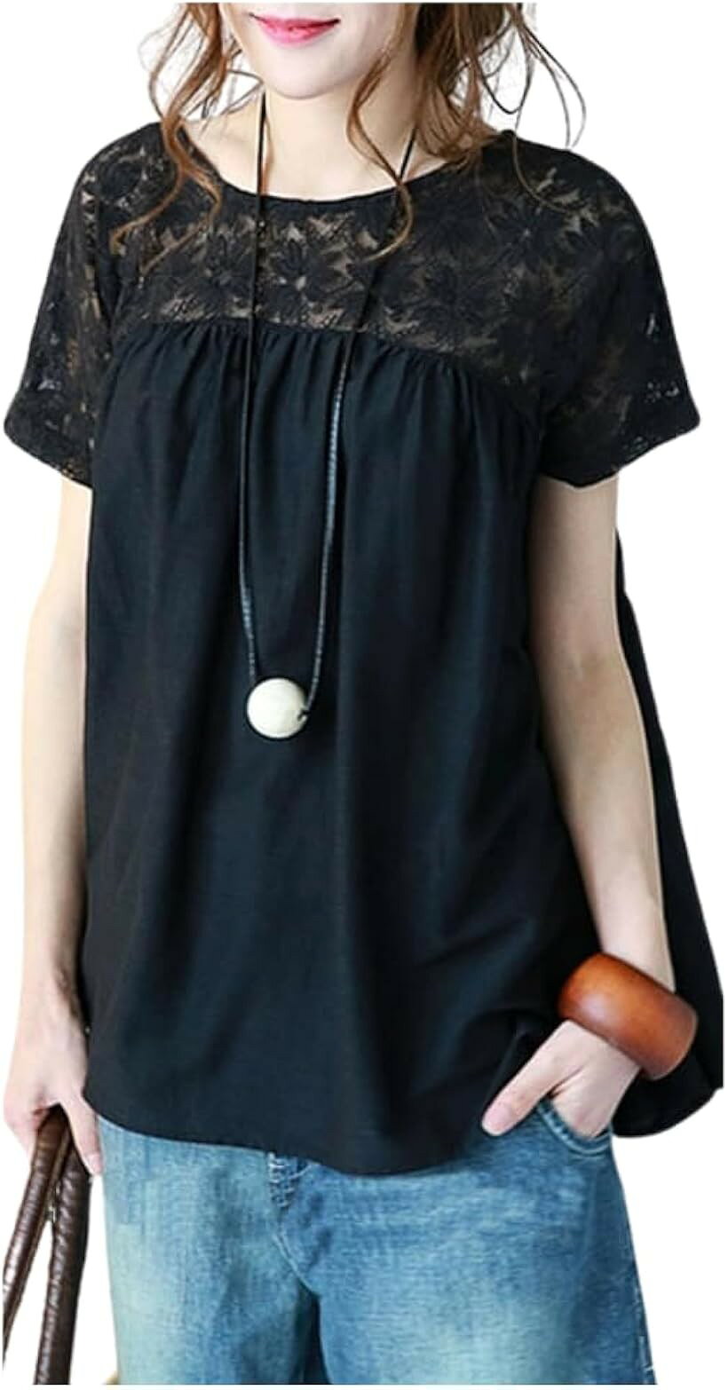レースTシャツ チュニック レディース 半袖 ゆったり トップス Aライン 大人女子 きれいめ カジュアルコーデ 春夏 20代 30代 40代(ブラック, S)