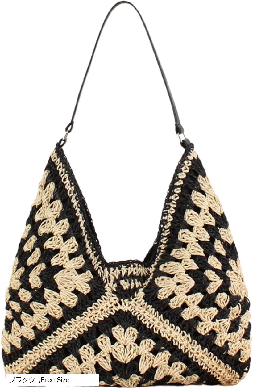 編みバッグ レディース かごバッグ バイカラー 韓国 夏 a4 かごショルダーバッグ 編みショルダーバッグ(ブラック, Free Size)