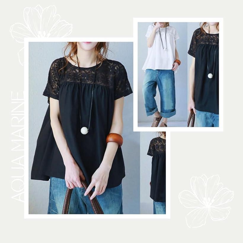 レースTシャツ チュニック レディース 半袖 ゆったり トップス Aライン 大人女子 きれいめ カジュアルコーデ 春夏 20代 30代 40代(ブラック, L)