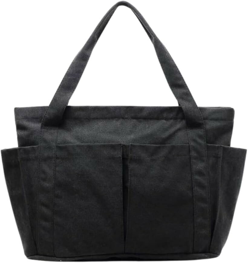 【楽天ランキング1位入賞】デイサービス用バッグ ショートステイ 介護福祉士が選んだ 旅行 ジム ヨガ トートバッグ 大きめ ポケット多い キャンバス地 (ブラック)