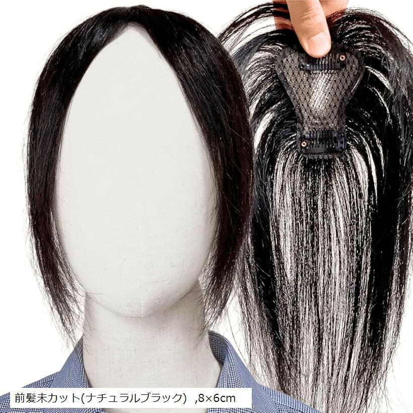 部分ウィッグ ヘアピース ポイントウィッグ 女性 レディース 人毛100% かつら 前髪ウィッグ ショート トップピース トップカバー つむじ 頭頂部 白髪カバー (前髪未カット(ナチュラルブラック), 8x6cm)