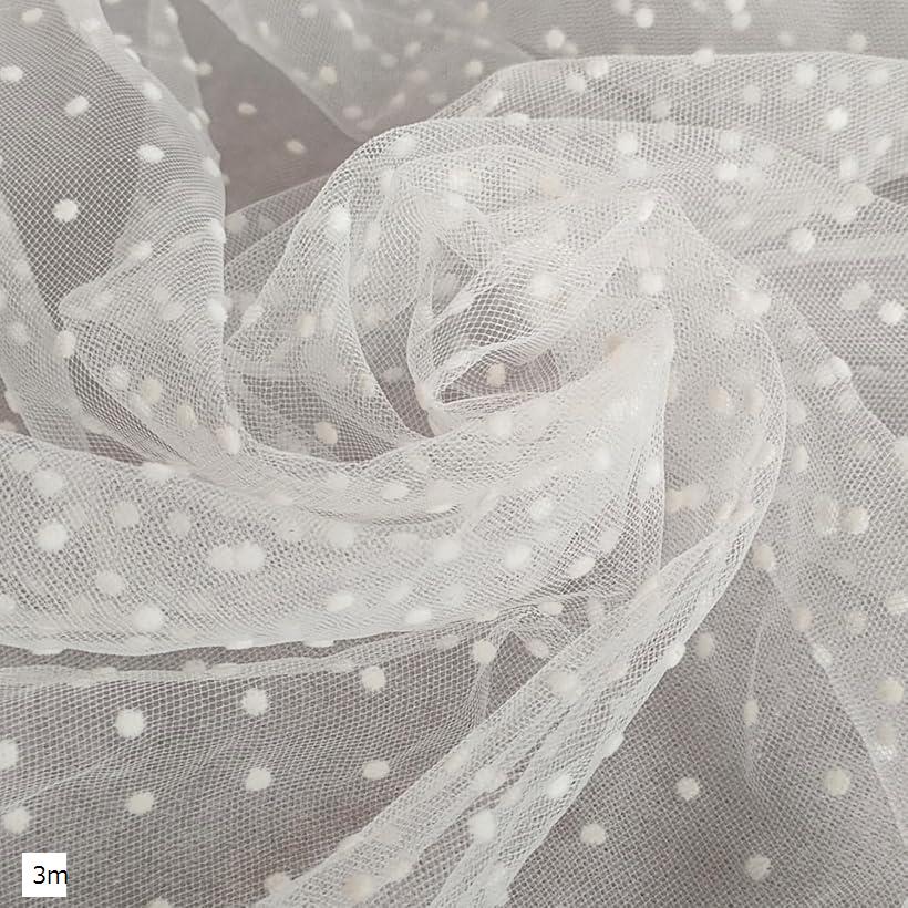 水玉 チュール 生地 白 幅155cm ドット フロッキー レース 布 衣装 (ホワイト, 3m)
