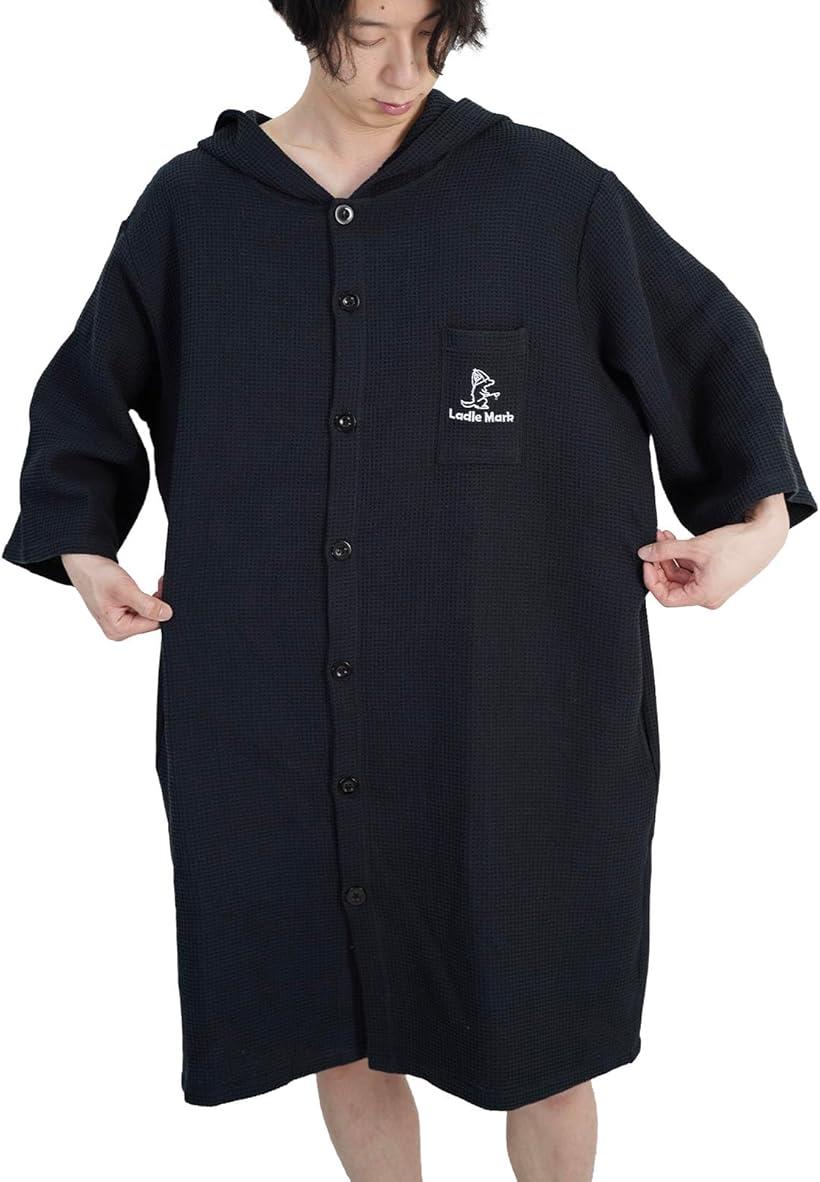 サウナポンチョ サーフポンチョ 前開き ボタン メンズ レディース 着替え 部屋着 洗える ポケット付き かさばらない ワッフルコットン タオル (ブラック, Free Size)