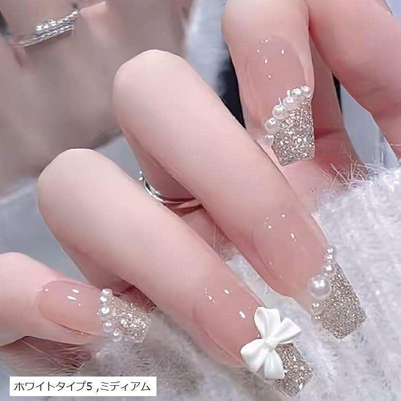 ネイルチップ 韓国 3d フレンチ キラキラ 可愛い 付け爪 ホワイト セット シンプル グッズ (ホワイトタイプ5, ミディアム)