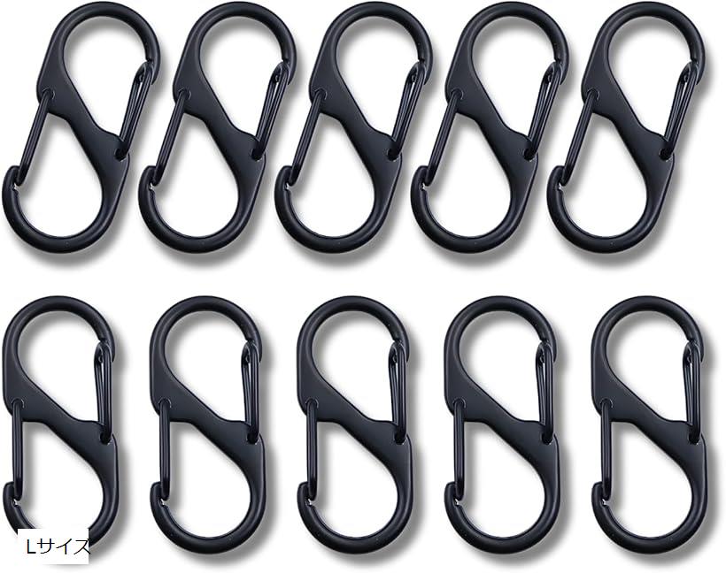 カラビナ S字型フック 10個セット 自動ロック アウトドア 登山 キャンプ (ブラック, Lサイズ)