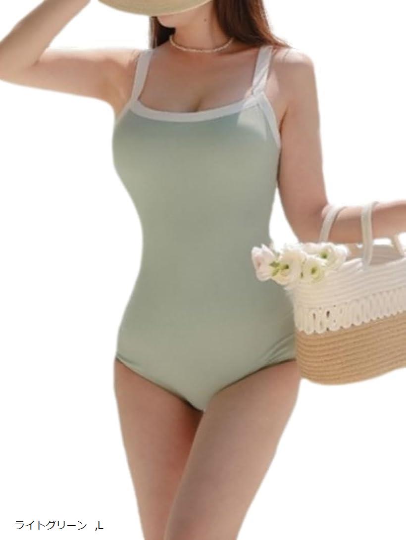 水着 レディース ワンピース バックシャン スクール スイムドレス 体形カバー パッドあり ワイヤーなし(ライトグリーン, L)