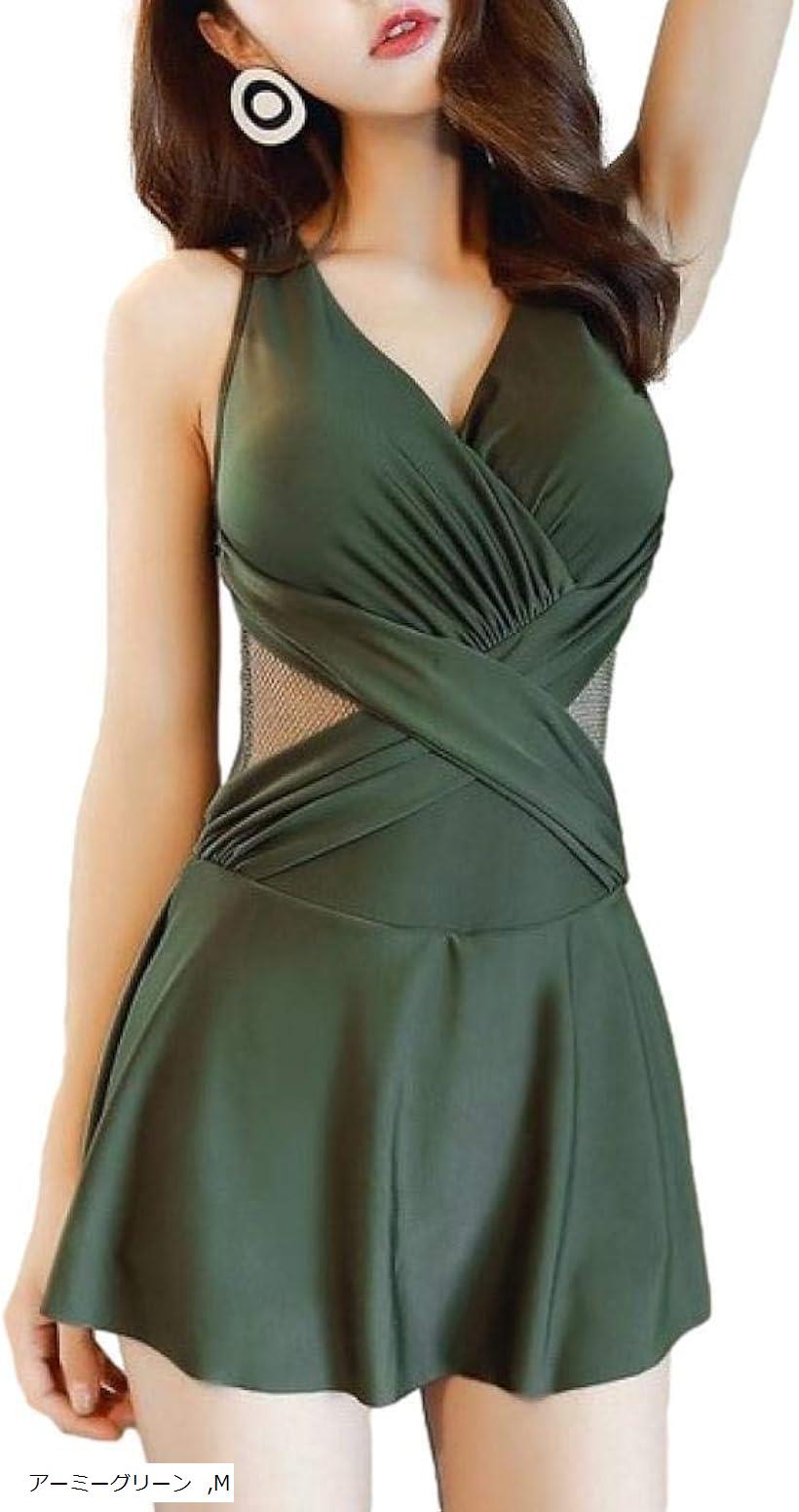 ワンピース 水着 カシュクール フレア スカート スイムドレス シアー バッククロス パッド入り ワイヤーあり レディース (アーミーグリーン, M)
