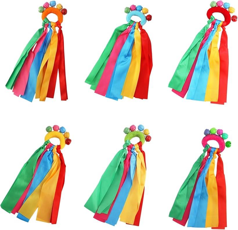 鈴付き ポンポン 6個セット カラフル ランダム リボン リストポンポン 応援グッズ チア ダンス 発表会 ..